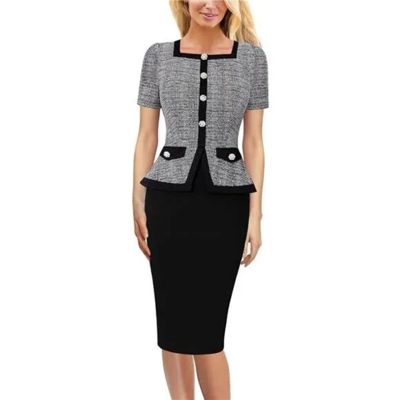 Dresses | Square Neck Buttons Peplum Bodycon Pencil Dress For Work Business  Office | Poshmark